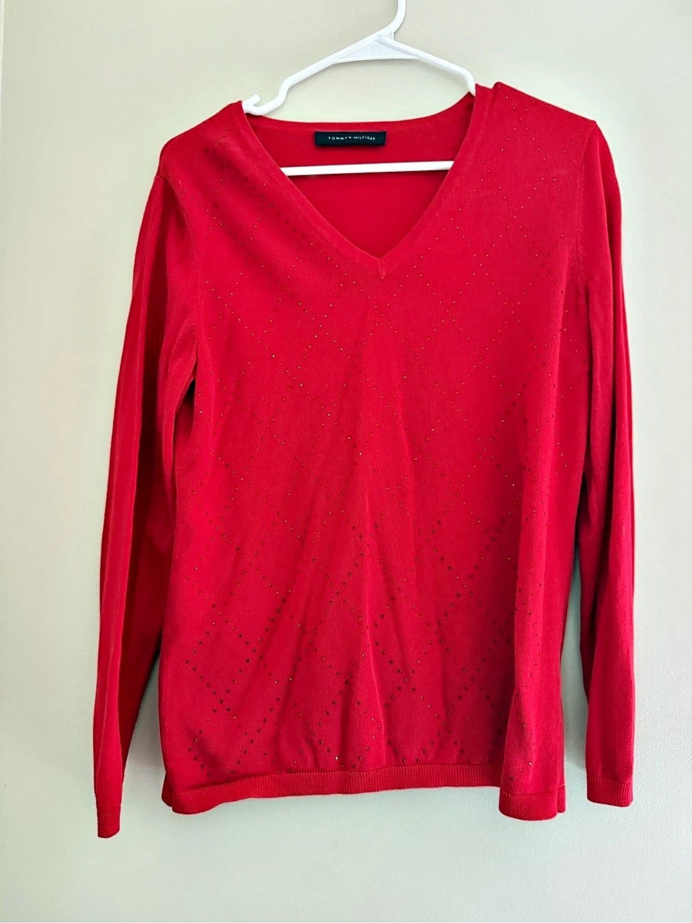 Tommy Hilfiger Studded Argyle Cotton V-Neck Sweater Red